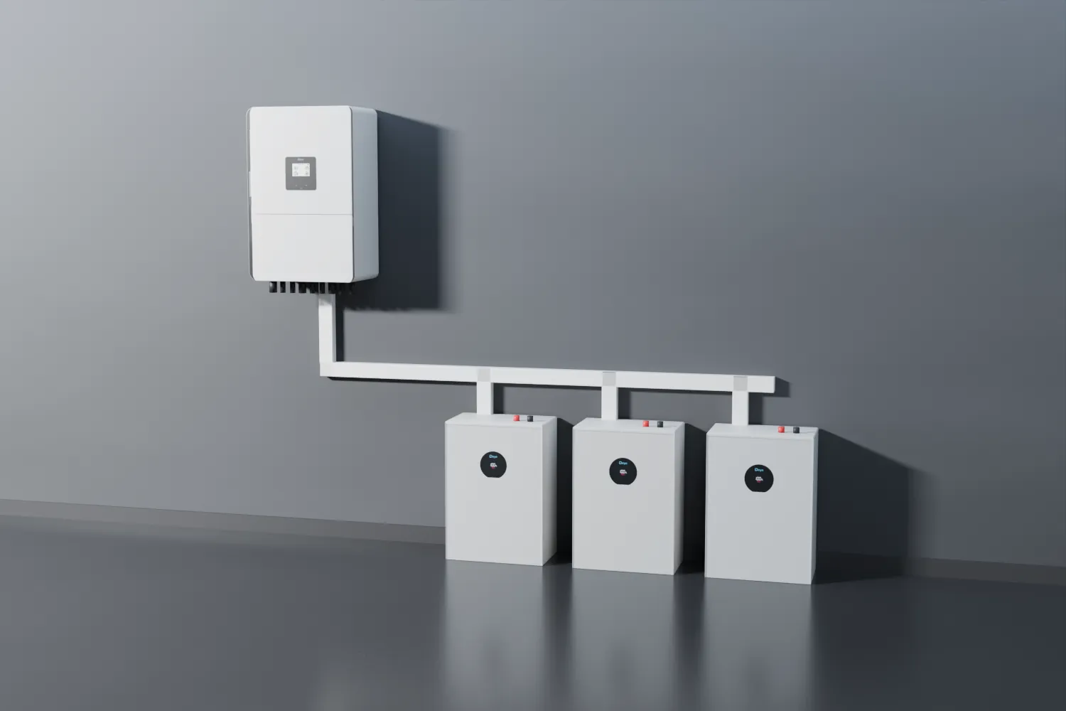 Zestaw: falownik SUN-SG05LP3 i trzy magazyny, wizualizacja 3D