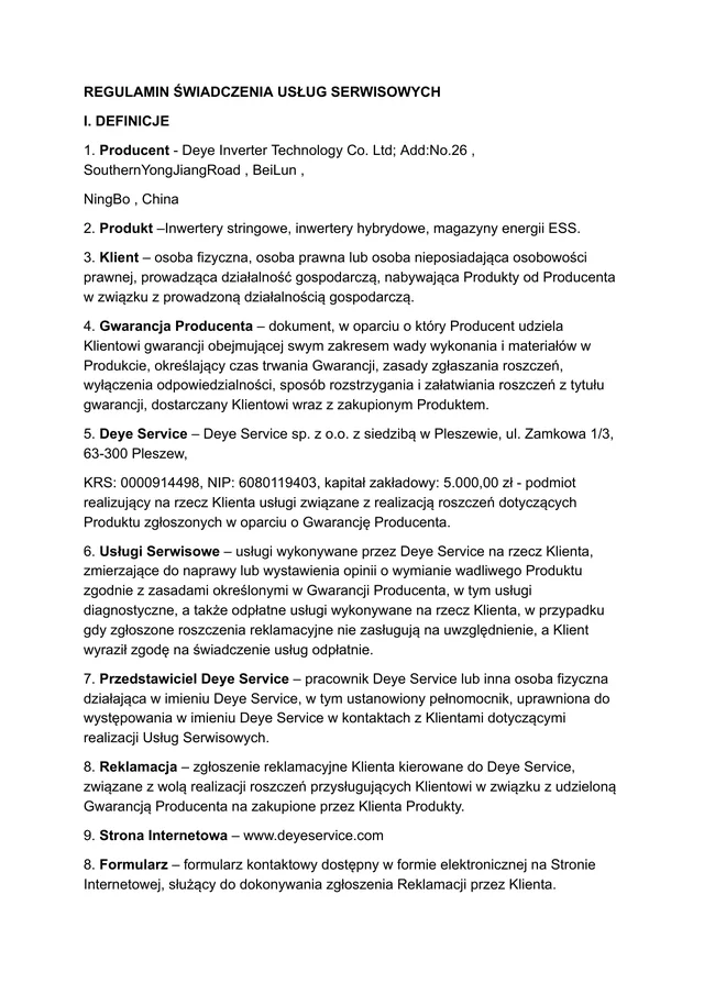 Pierwsza strona regulaminu świadczenia usług serwisowych Deye Service